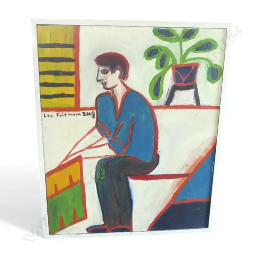 LEE FELTHAM, PORTRAIT OF A MAN SITTING WITH A PLANT, ACRYLIC ON BOARD, LGST 1200 X 950MM provenance below