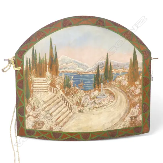 VINTAGE ARTWORK, MEDITERRANEAN LAKE SCENE, ACRYLIC ON PANEL 610x660mm