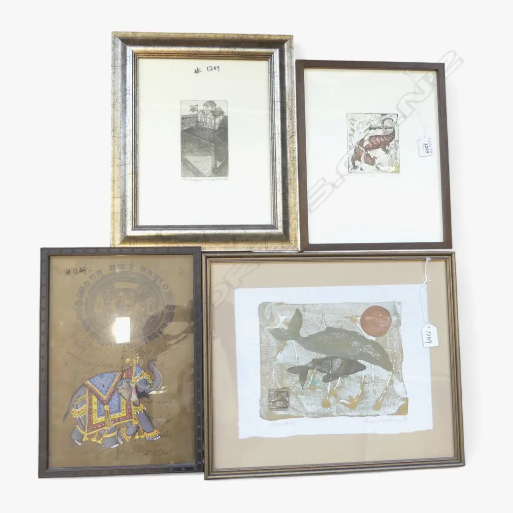 4 ARTWORKS; A. HAWTHORN? HUMPBACK, THOMAS MOSS DRAGON, INDIAN ELEPHANT 310x215mm, MICHAEL HUNTER 'PLAYHOUSE' 55/350 Image 1++