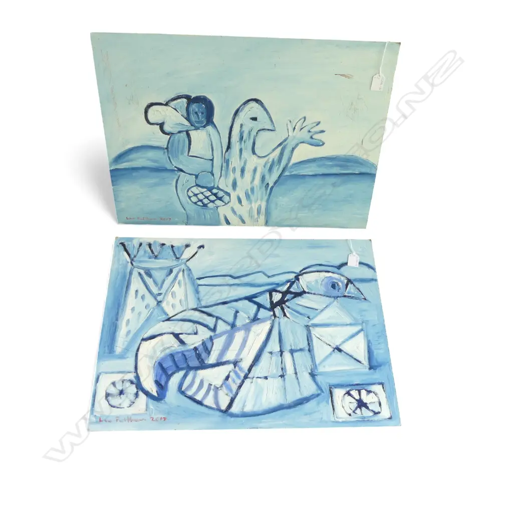 LEE FELTHAM, "INDIGENOUS CREATURE & FRIEND", ACRYLIC ON BOARD  x 2, LGST 430 X 600MM provenance below Image 1++