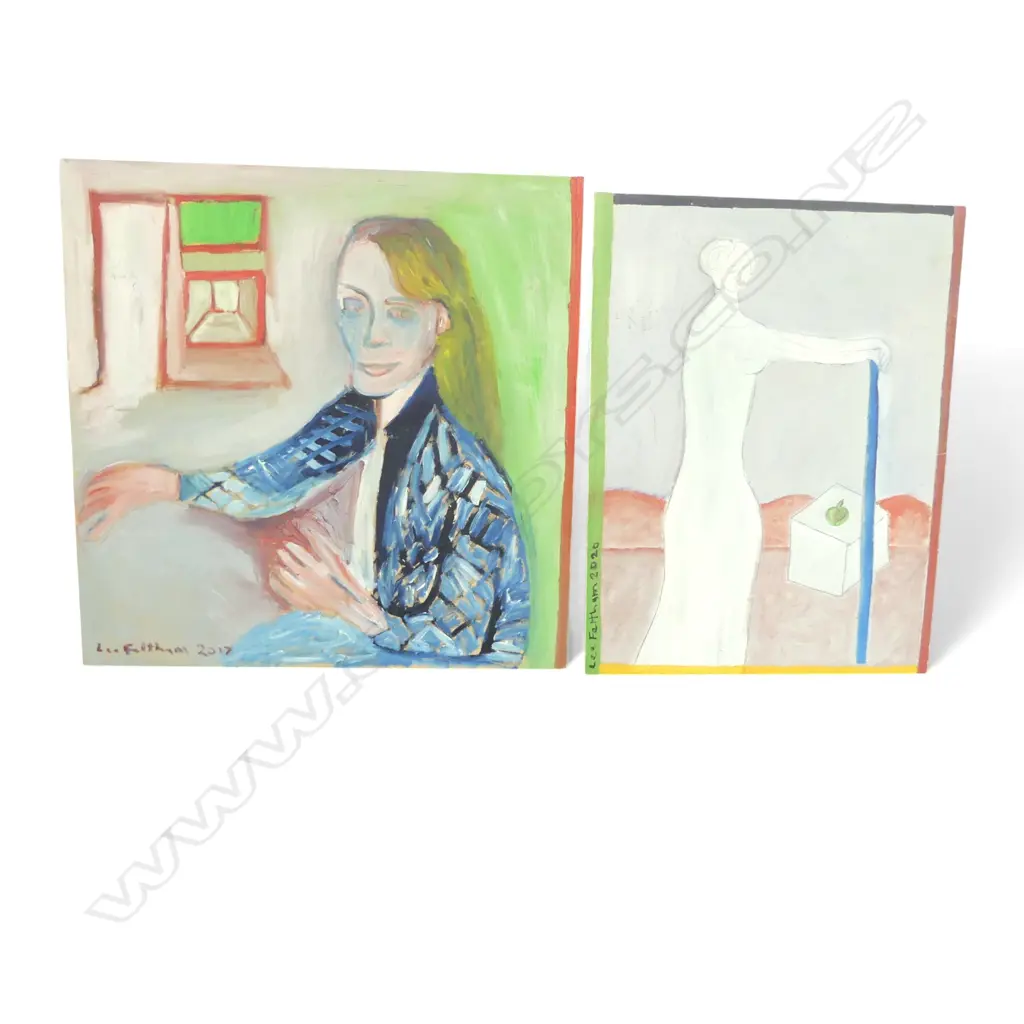 LEE FELTHAM, PORTRAITS, ACRYLIC ON BOARD  x 2, LGST 600 X 600MM provenance below Image 1++