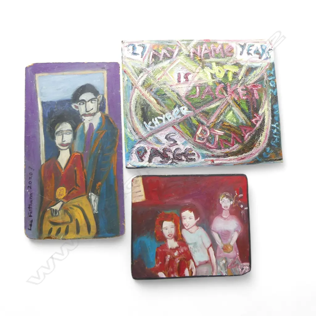 LEE FELTHAM, FAMILY PORTRAITS, ACRYLIC ON BOARD  x 3 (ONE DAMMAGED), LGST 500 X 600MM provenance below Image 1++