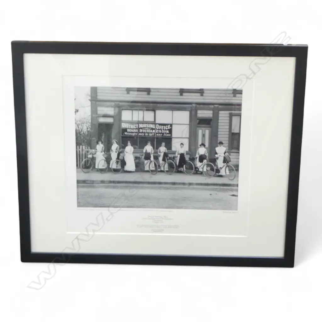 FRAMED REPRODUCTION TURNBULL LIBRARY PHOTOGRAPH ON ART PAPER, DISTRICT NURSES WITH THER BICYCLES 1914, 310x350mm Image 1++