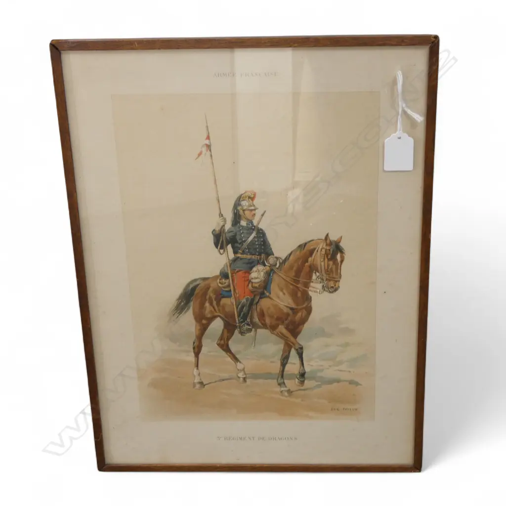 c.1900 FRENCH CHROMOLITHOGRAPH 'ARMEE FRANCAISE 3rd REGIMENT DE DRAGONS' FRAMED 440 X 315mm Image 1++