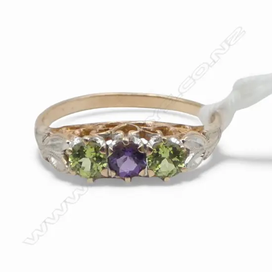 9CT ROSE GOLD PERIDOT & AMETHYST RING 2gms SIZE P