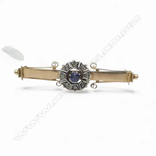 9CT GOLD SAPPHIRE AND OLD MINE CUT DIAMOND BROOCH