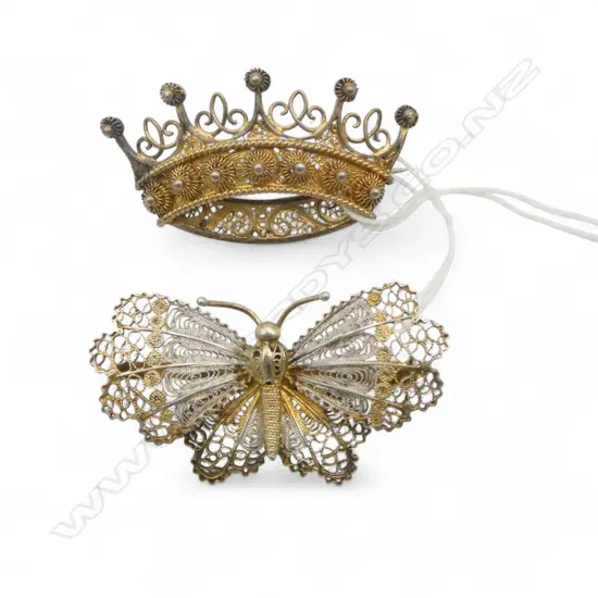 2 VINTAGE SILVER GILT DESIGNER BROOCHES: '800' fillagree butterfly + crown