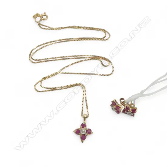 14ct GOLD CHAIN + 10CT GOLD RUBY & DIAMOND PENDANT NECKLACE & EARRING SUITE. 4.38gms