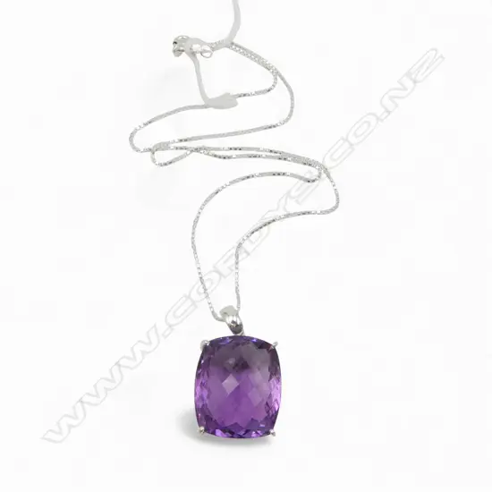 SILVER CUSHION CUT AMETHYST PENDANT on SILVER CHAIN