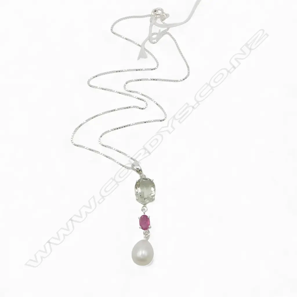 SILVER, AMETHYST, TOPAZ & PEARL PENDANT on SILVER CHAIN Image 1++