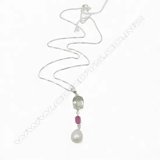 SILVER, AMETHYST, TOPAZ & PEARL PENDANT on SILVER CHAIN