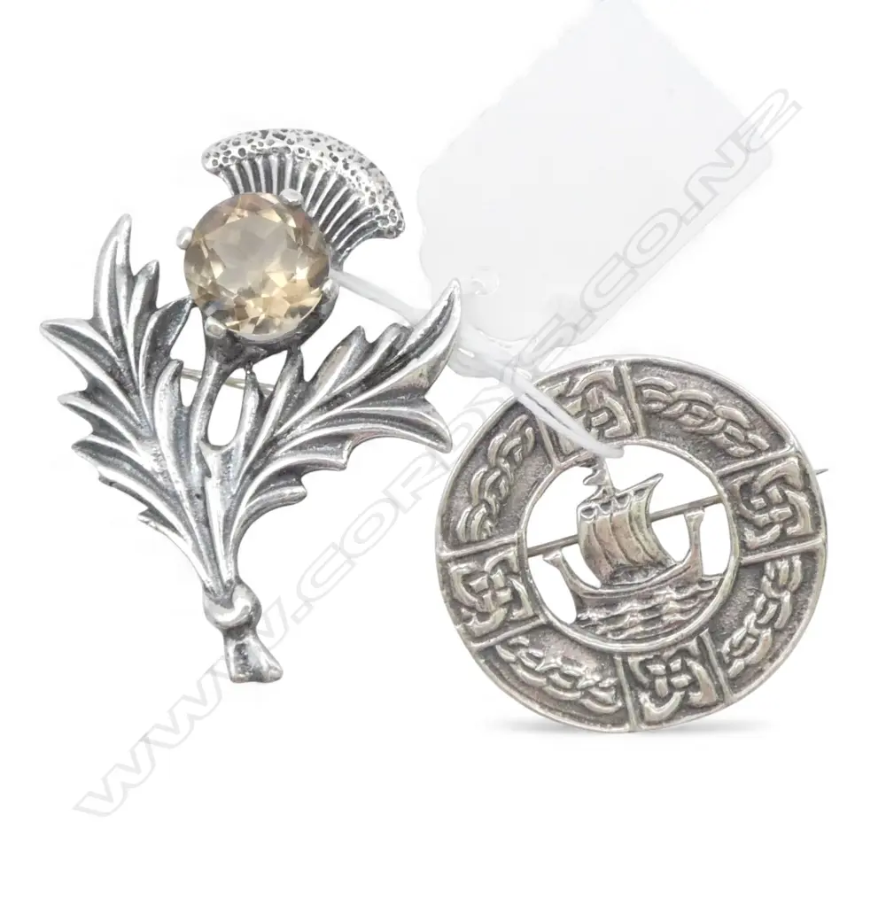 2 VINTAGE SCOTTISH SILVER BROOCHES: Thistle & sailing ship Image 1++