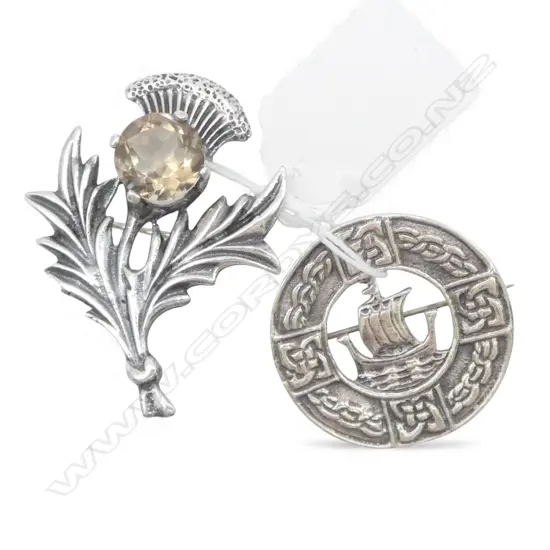 2 VINTAGE SCOTTISH SILVER BROOCHES: Thistle & sailing ship