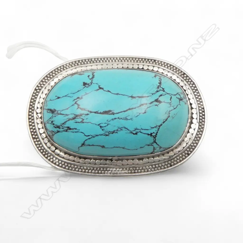 LARGE SILVER & TURQUOISE? OVAL BROOCH L.63mm Image 1++