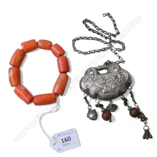 RED CORAL BRACELET + QING DYNASTY CHINESE SILVER CHILD LOCKET