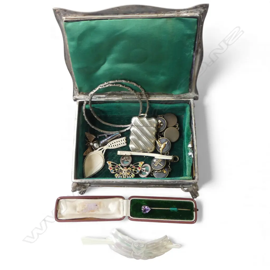 EARLY 20thC SILVER PLATE 'JEWELS' JEWELLERY BOX with jewellery: insect brooches + bangles + vesta etc Image 1++