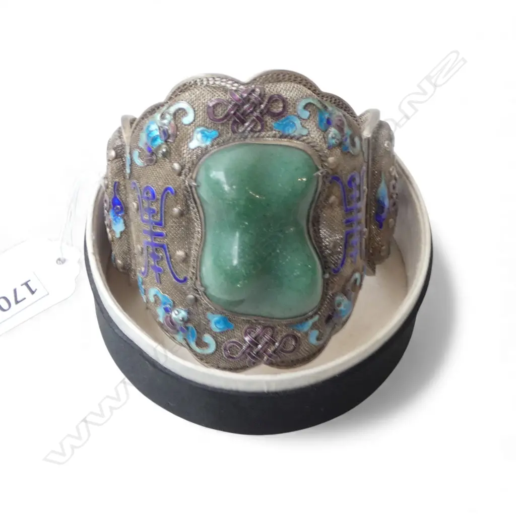 ORIENTAL FANCY STYLE SILVER & ENAMEL BRACELET w GREEN JADE? CENTRE STONE, BOXED Image 1++