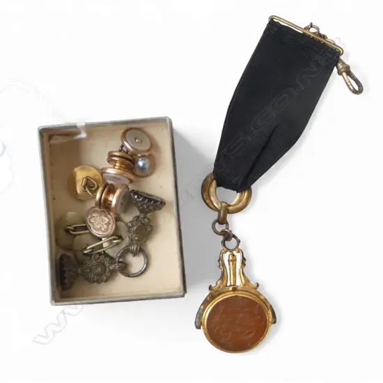 ASST. GOLD PLATED STUDS, CUFFLINKS & FOB SPINNER ON RIBBON