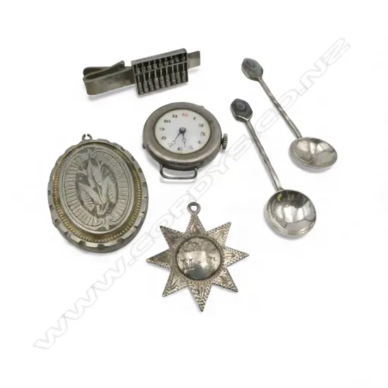 SILVER: locket + abacus tie slide + 2 NZ salt spoons + star medallion + 1920's ladies watch