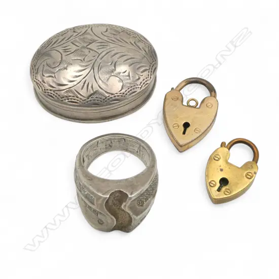 SILVER ENGRAVED PILL BOX + WHITE METAL HEAVY gem set RING + 2 GOLD PLATED PADLOCK HEART CLASPS