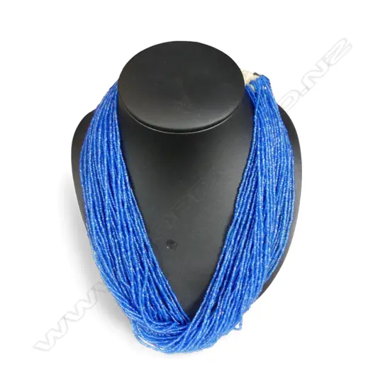 MULTI STRAND BLUE GLASS BEAD NECKLACE, L.600mm