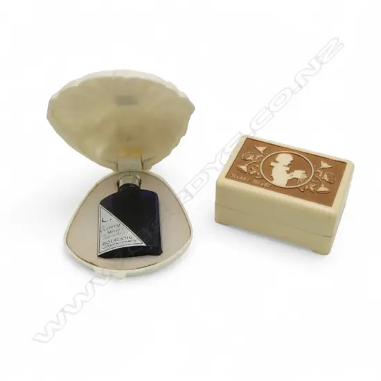 EVENING IN PARIS vintage scallop shell cased BLUE GLASS PERFUME BOTTLE + UDA 'HAPPY HEART' JEWEL BOX