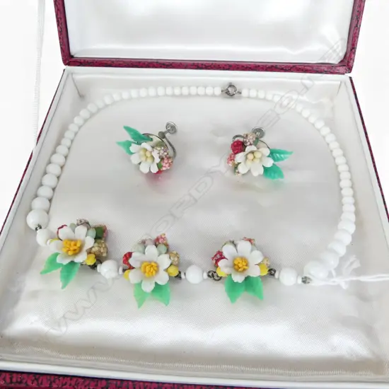 VINTAGE WEST GERMAN COSTUME NECKLACE floral & fruit - some faults. In box labelled Du Barry