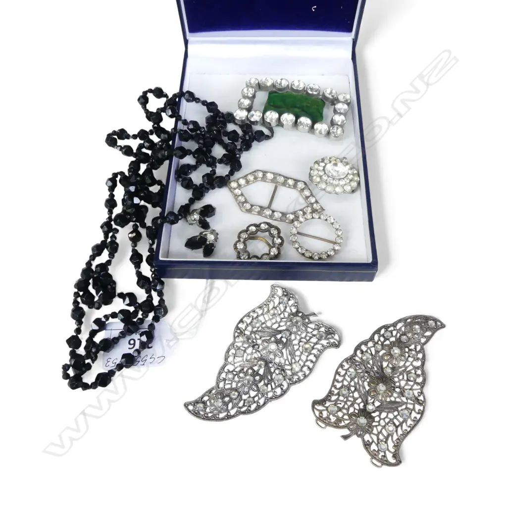 VINTAGE SHOE BUCKLES & BEADED VICT. MUFF CHAIN & EARRINGS Image 1++