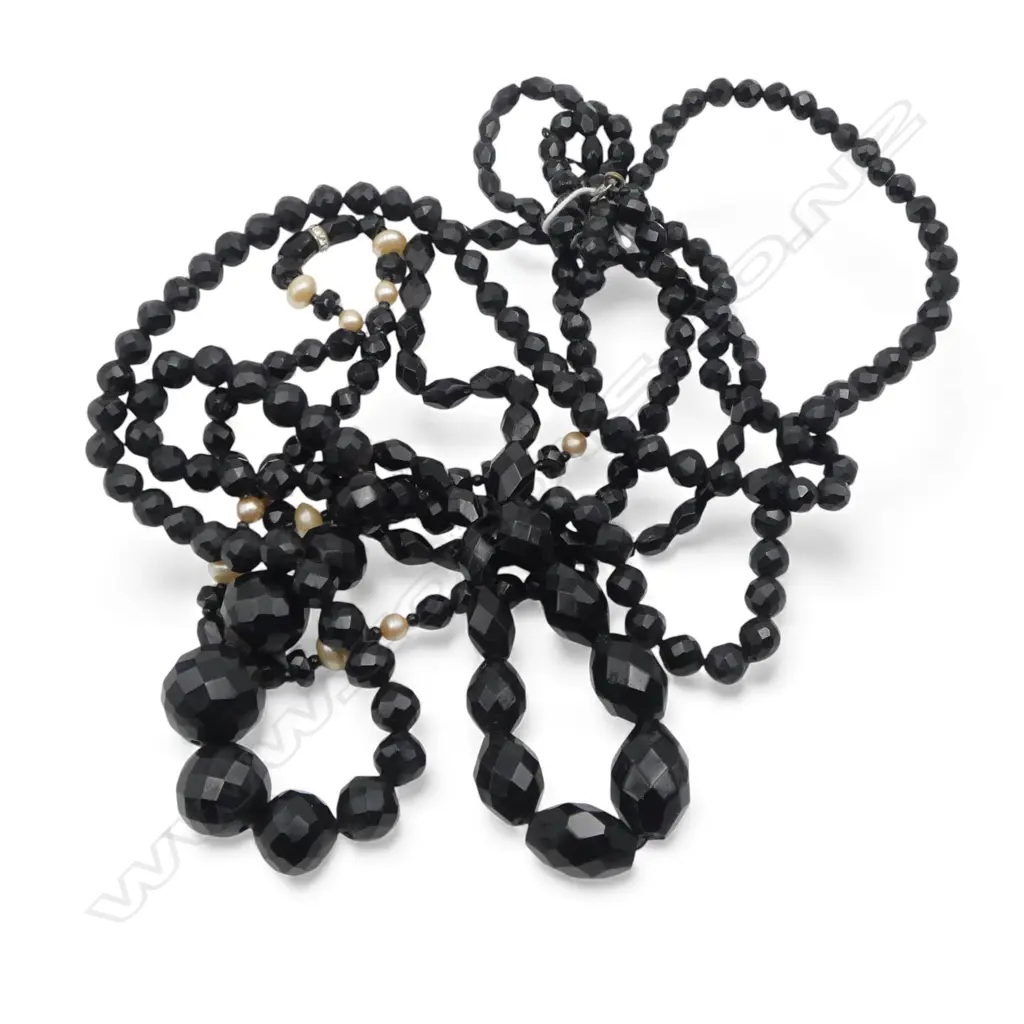 3 BLACK JET STYLE NECKLACES, ONE w PEARLS Image 1++