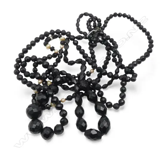 3 BLACK JET STYLE NECKLACES, ONE w PEARLS