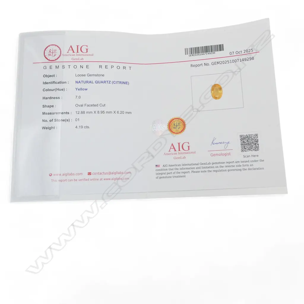 4ct OVAL CUT CITRINE STONE, AIG REPORT Image 1++