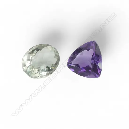2 GEMSTONES; OVAL CUT GREEN AMETHYST & TRILLION CUT PURPLE AMETHYST