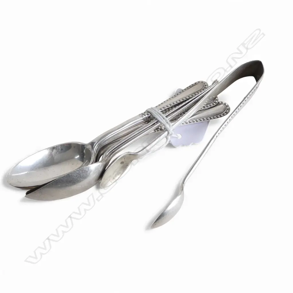 SET 6 EDWARDIAN SILVER TEA SPOONS + TONGS bead edge Sheffield 1904. 89gms Image 1++