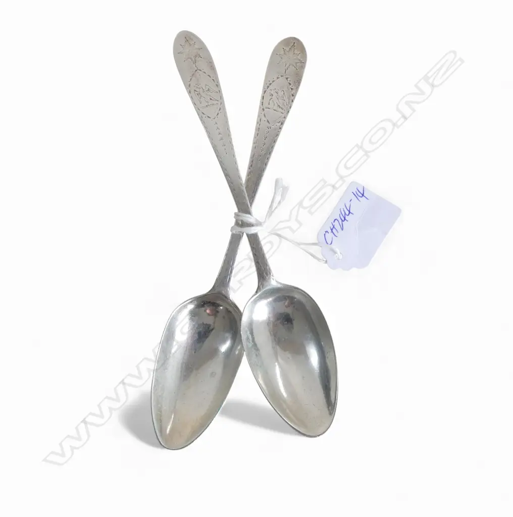 TWO GEORGE III SILVER PROVINCIAL MARKED DESSERT SPOONS bright cut 'MTG' + IP? 58gms Image 1++