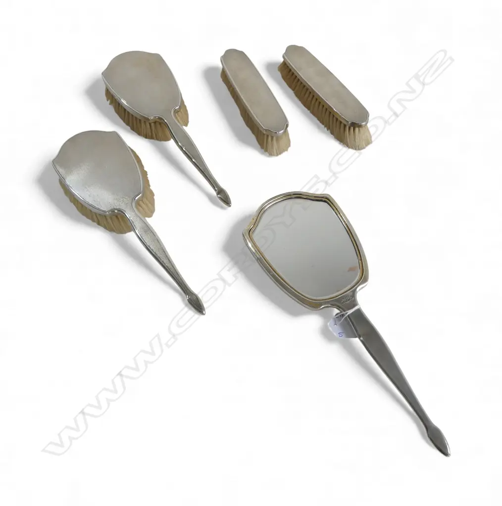 STG SILVER 5 PCE DRESSING TABLE SET; 4 BRUSH & MIRROR, LONDON 1935 w. jubilee mark Image 1++