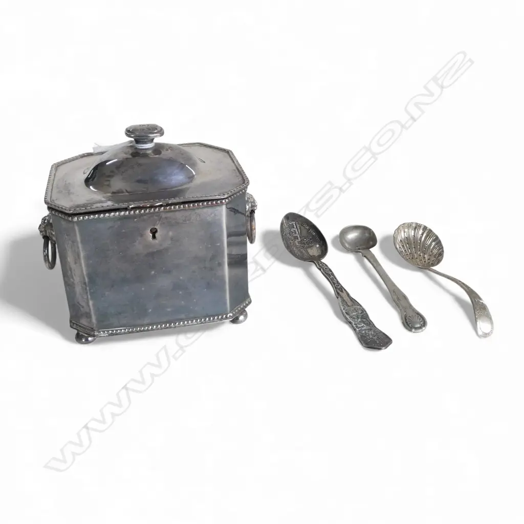 EARLY 20thC SILVER PLATE REGENCY STYLE TEA CADDY + 3 ASST SPOONS Image 1++