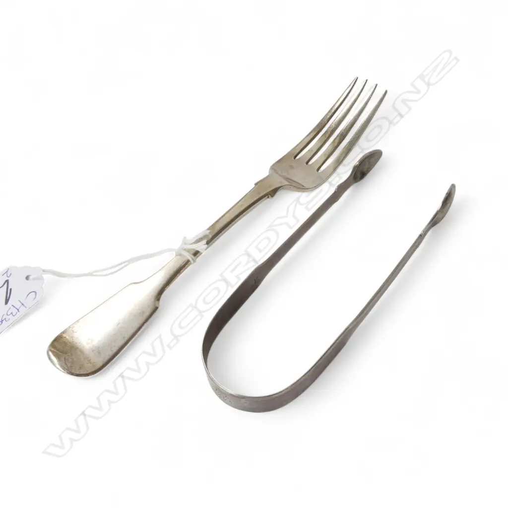 2 PCES GEORGIAN STG SILVER; TONGS & FORK 120gms Image 1++