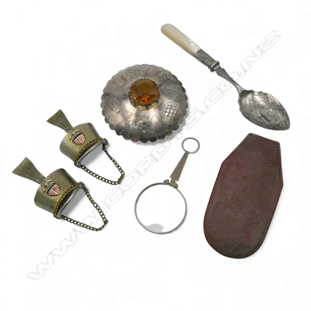SILVER MONOCLE EYE GLASS cased + pr S/PLATE MILITARY HELMET BROOCHES + SCOTTISH LGE KILT cairngorm  BROOCH + spoon Image 1++