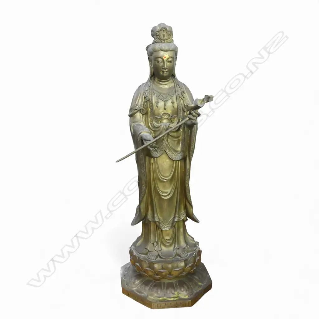 CHINESE HEAVY BRASS STANDING GUANYIN STATUE holding staff H.770mm Image 1++