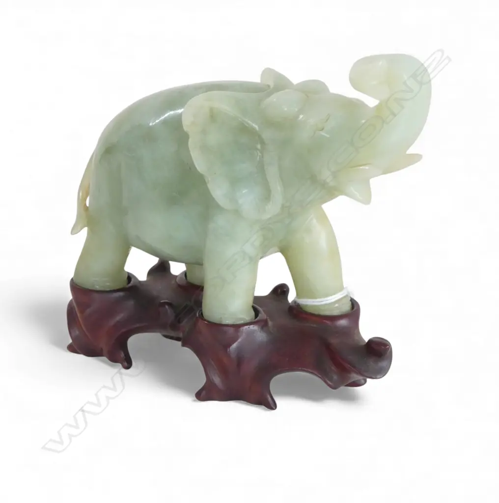 VINTAGE CHINESE CARVED JADE ELEPHANT  WITH RAISED TRUNK ON WOOD STAND H120MM Image 1++