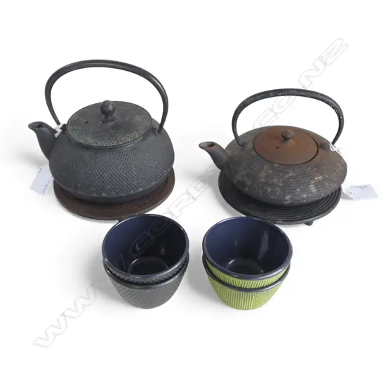 2 ORIENTAL CAST IRON TEASETS TEAPOTS DIA 160 & 140 & 2 TEACUPS EACH