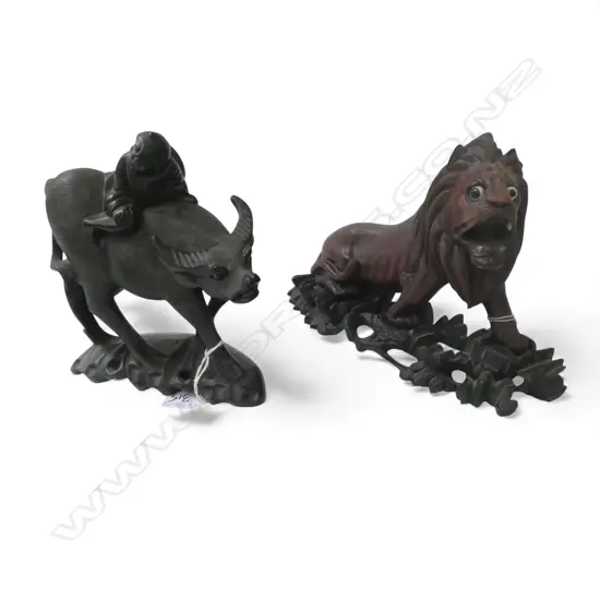 2 CHINESE ROSEWOOD CARVINGS; BUFFALO & LION, H.210mm