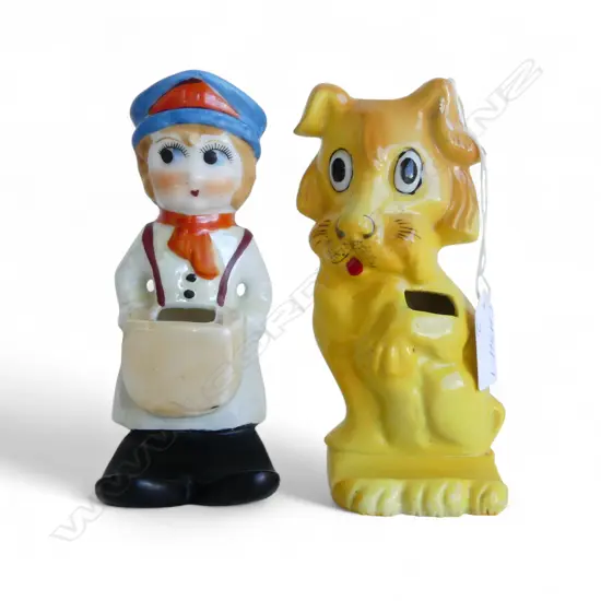 2 NOVELTY VINTAGE FLAT BACK TOOTH BRUSH HOLDERS: Dog w raised paw + Bus ? conductor. H's.150mm