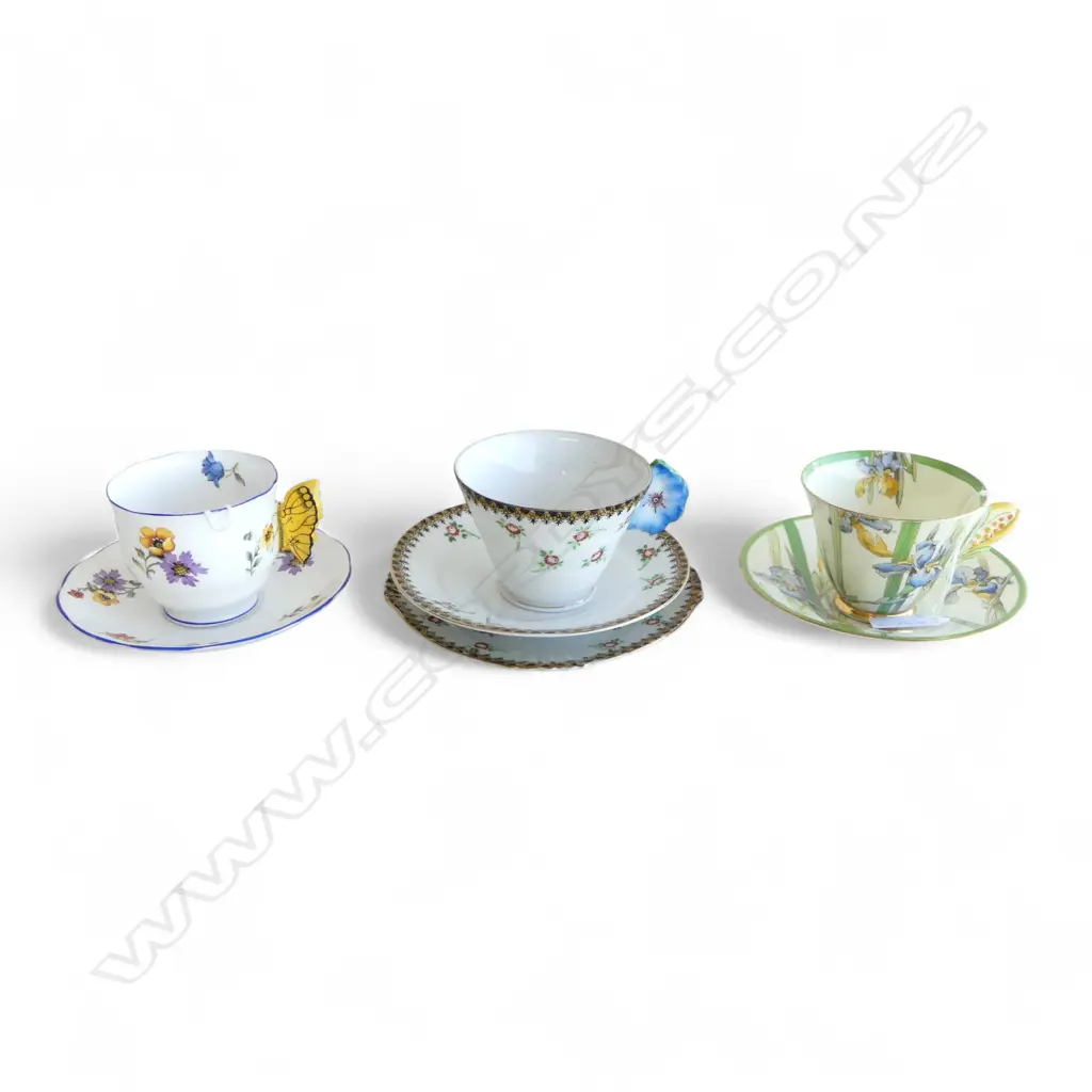 3 VINTAGE FANCY HANDLED CUPS & SAUCERS: 1 R/Albert w butterfly. 1 R/Doulton w iris + flower head w plate  Image 1++