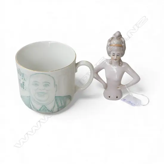 Early 20thC LGE MUG 'I am not greedy but I like a lot' + DECO LADY HALF DOLL for TEACOSY or PIN CUSHION