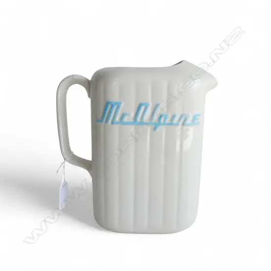 CROWN LYNN MCALPINE JUG; WHITE w. BLUE LETTERING H.210mm handle w. hairline