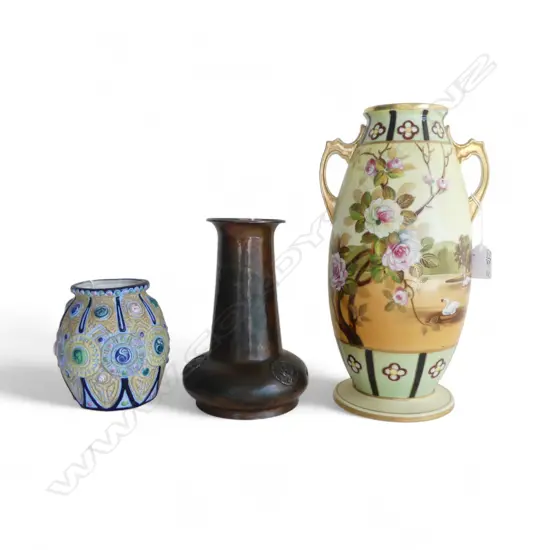 3 VASES; HANDPAINTED VICTORIAN, H.310mm, ARTS & CRAFTS COPPER, H.200mm & CZECH AMPHORA