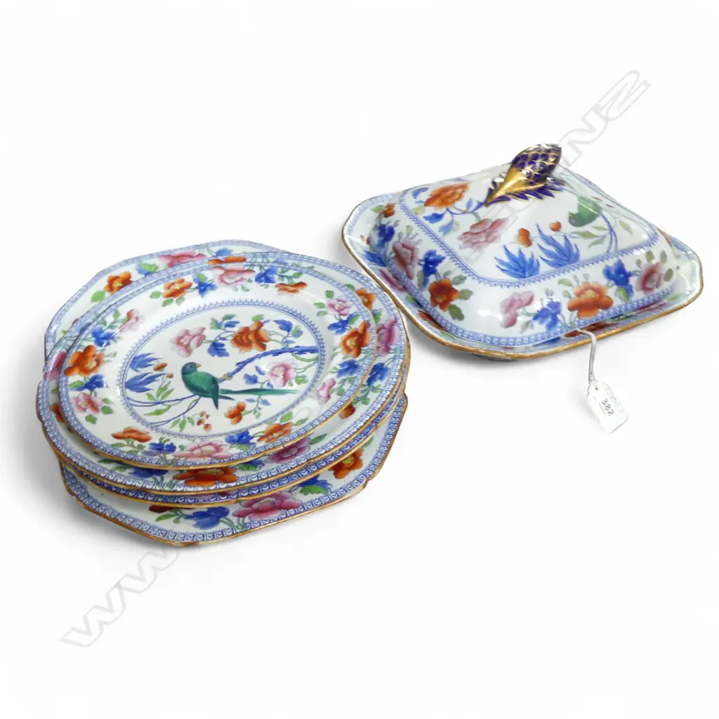 STONE CHINA PARROT FLORAL PAT.; TUREEN, 3 PLATES & DISH faults Image 1++