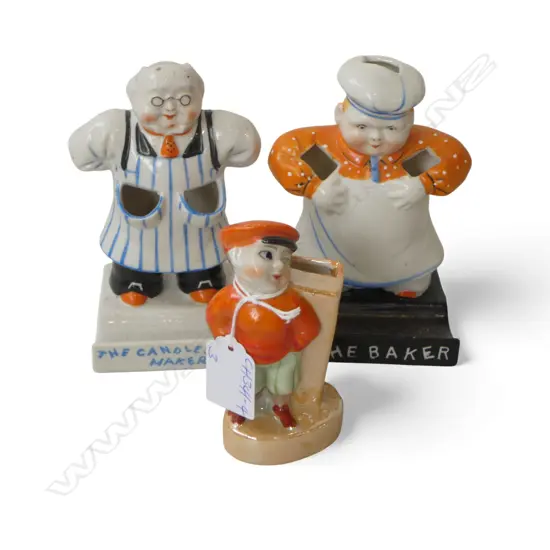 3 NOVELTY VINTAGE FLAT BACK TOOTH BRUSH HOLDERS: 'The Baker' H.130mm. 'The Candlestick Maker' & boy wearing cap 