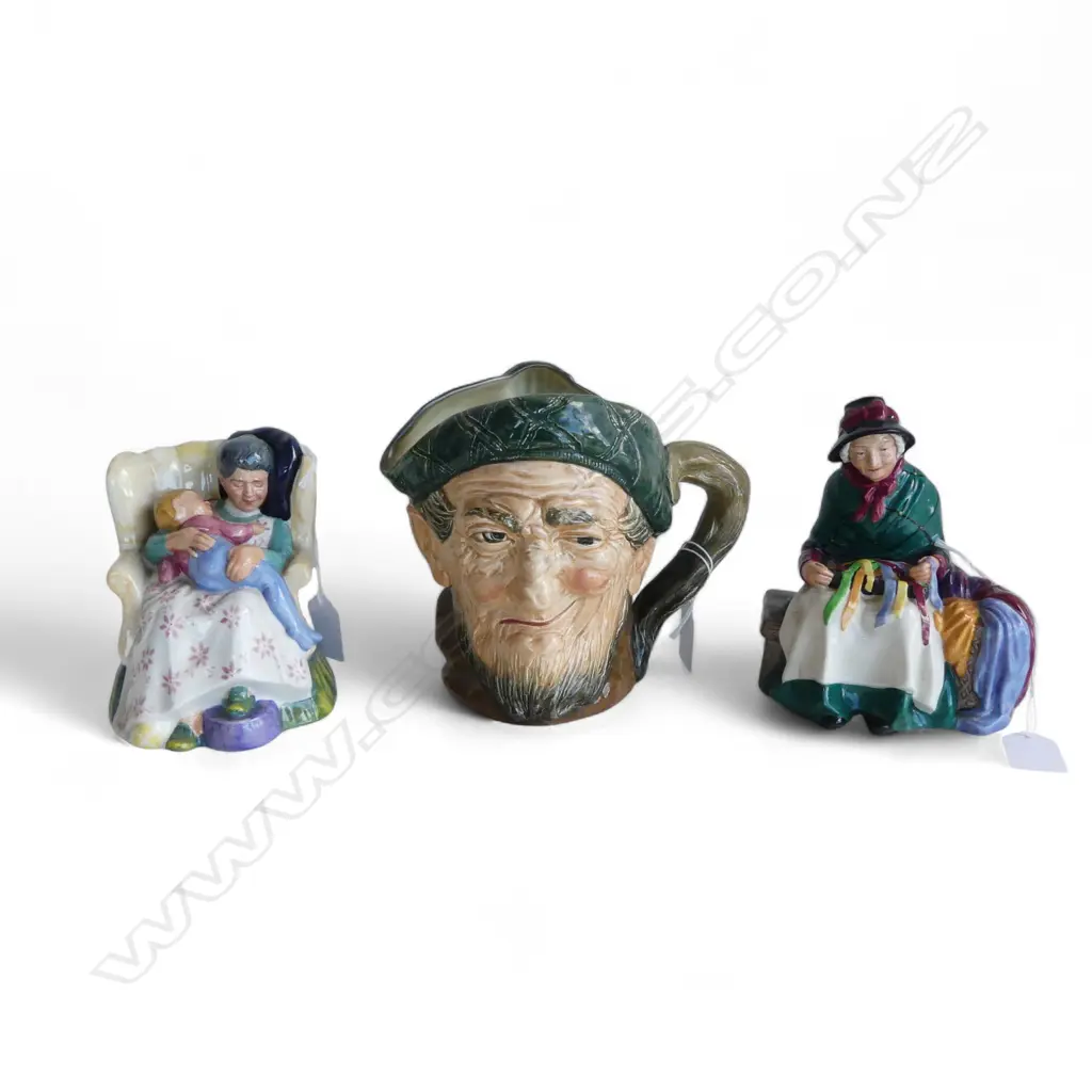 3 PCS ROYAL DOULTON; SWEET DREAMS, H.120mm, SILKS & RIBBONS & AULD MAC LRG TOBY JUG, H.150mm Image 1++